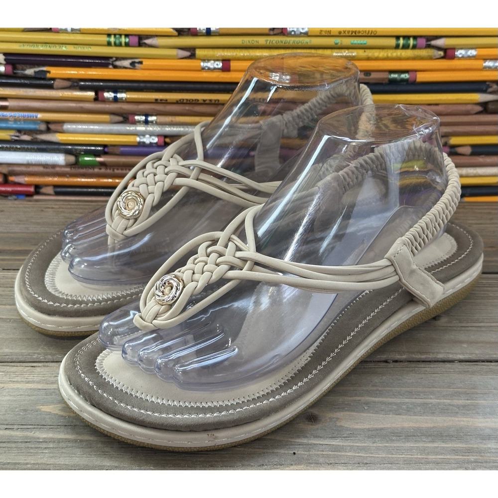 Socofy Strappy Comfort Anti-Slip Sandals Neutral Cream Summer Sz 10 Women's